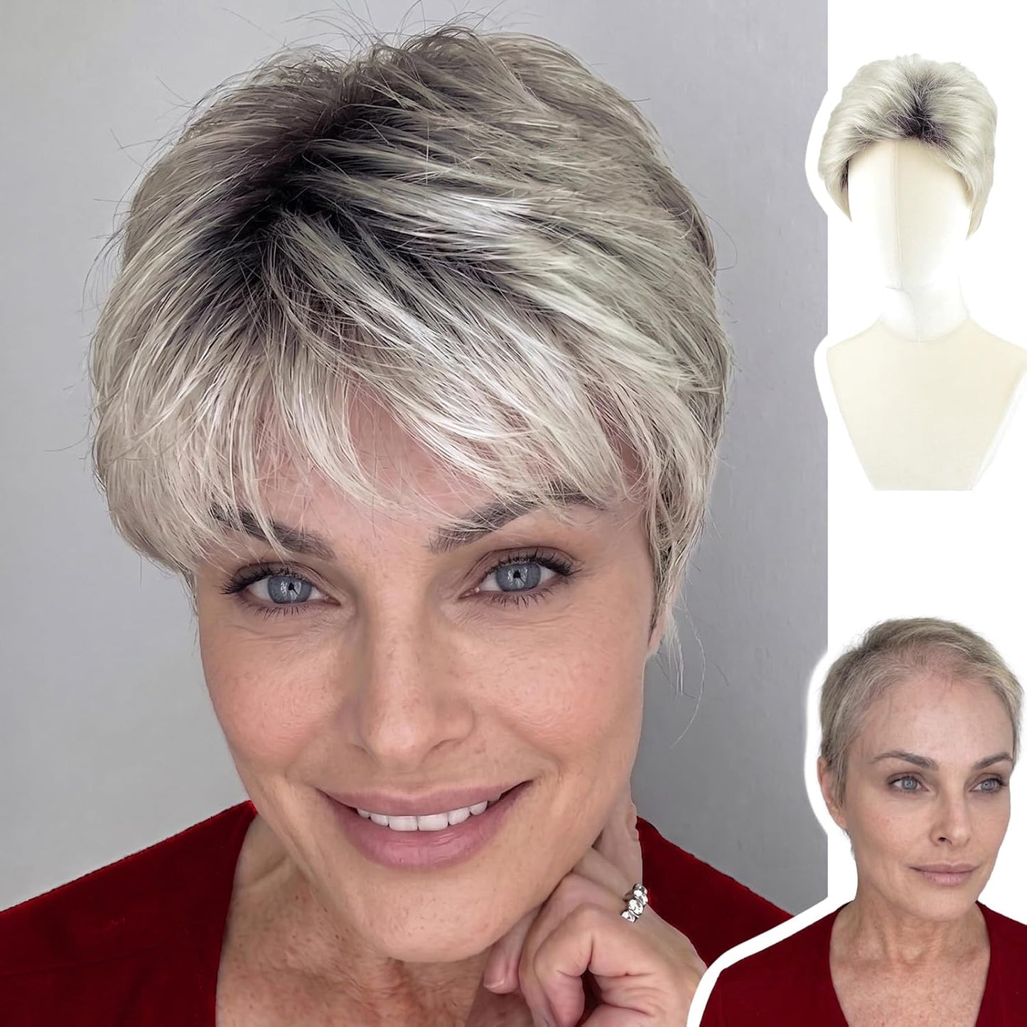 Short Pixie Wig for Women | Curly Ash Blonde with Dark Roots - Heat-Resistant Synthetic Wig with Bangs, Lightweight Cap