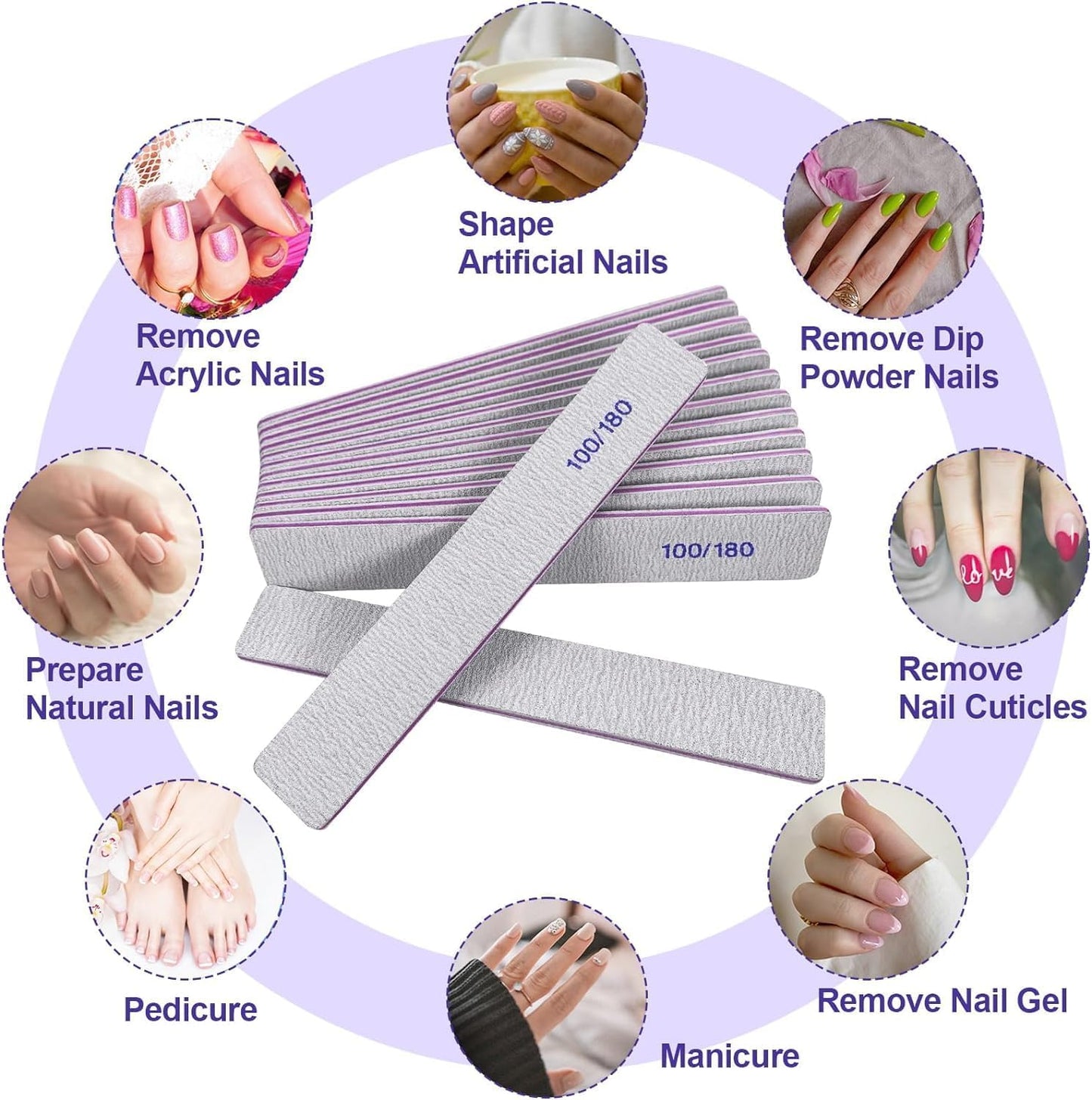 Nail Files - 12 Pack 100/180 Grit Emery Boards for Natural & Acrylic Nails | Double-Sided Reusable Manicure Tools in Gray