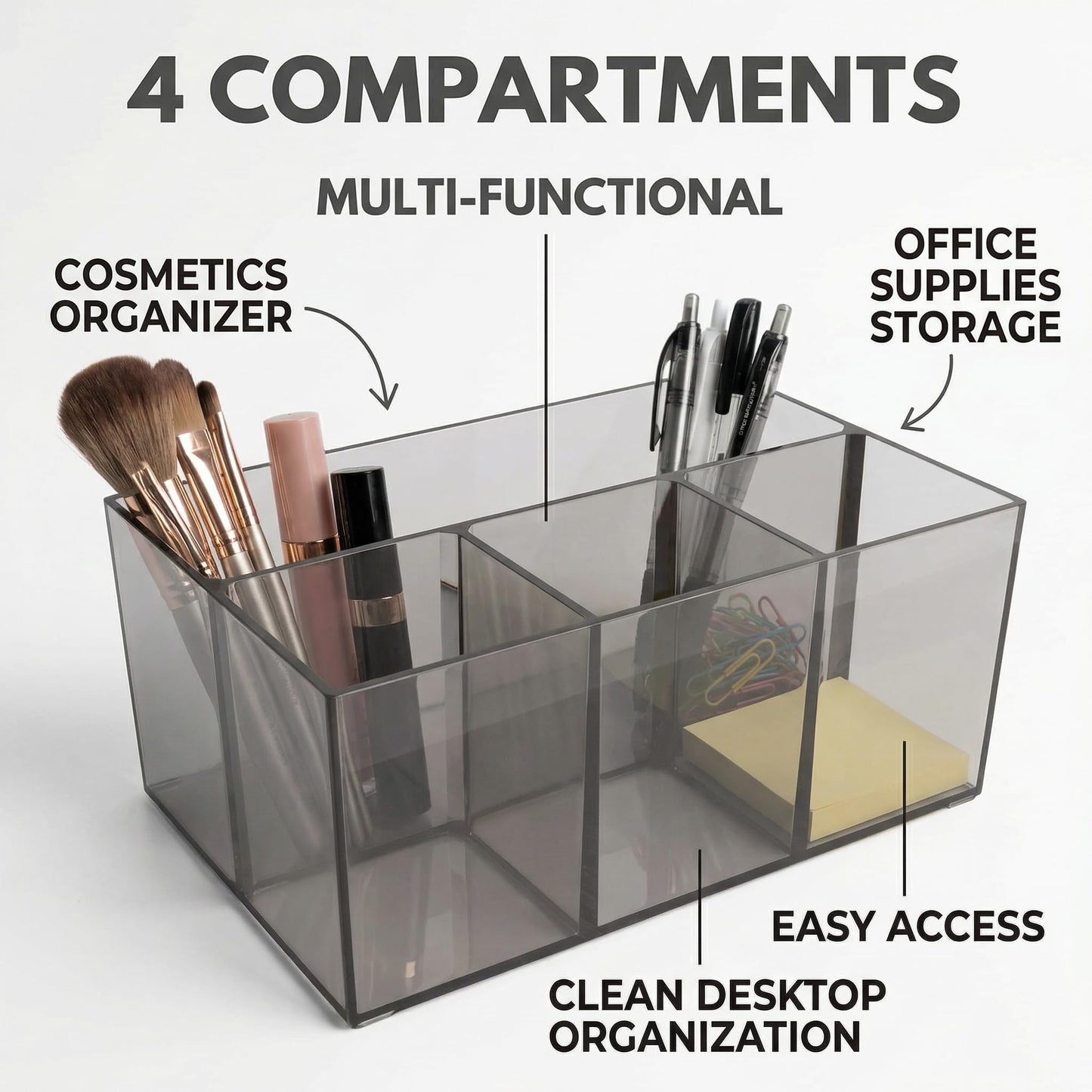 Makeup Brush Holder with Four Compartments, Versatile Desktop Storage Organizer for Makeup Eyeliners and Office Supplies, Easy Access Neat Desks GREY