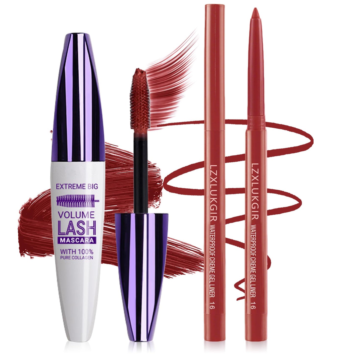 LZXLUKGIR Burgundy Mascara and Eyeliner Set,Natural Curling Red Mascara for Eyelashes,Volumizing Lengthening máscara de pestañas Waterproof,5D Colored Eye Makeup