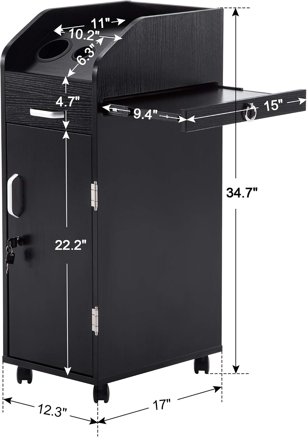 Salon Trolley Storage Cart - Hair Dryer Holder with Lockable Rolling Wheels | Black