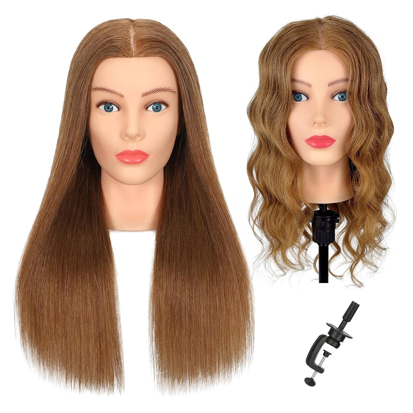Human Hair Mannequin Head - 80% Real Hair Cosmetology Doll for Hairdresser Practice | Amber Brown with Tripod Stand & Clamp