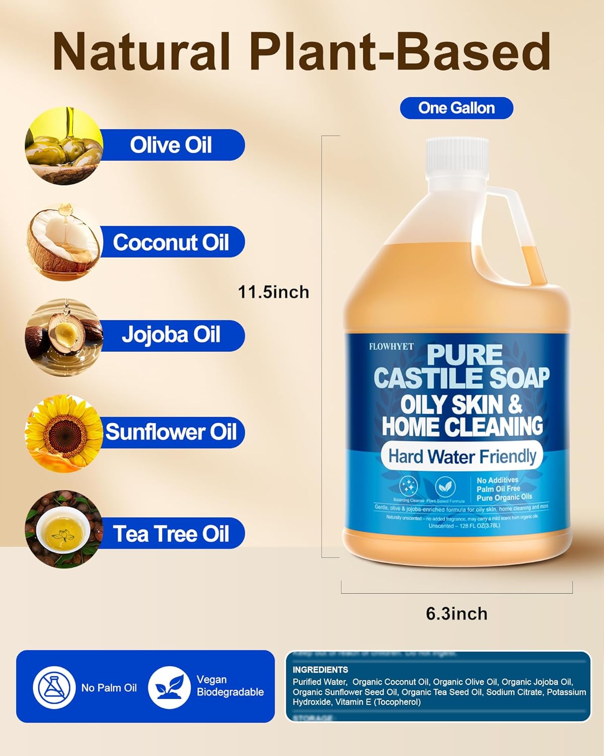 Pure Castile Soap - EWG Verified Organic Liquid Hand Soap Refill | Unscented, 1 Gallon - Ideal for Oily Skin & Home Cleaning