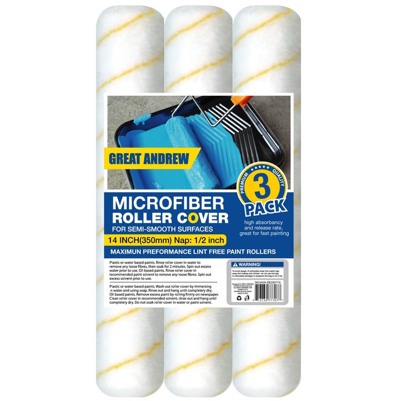 Great Andrew 3-Pack Paint Roller Covers, 14 Inch 1/2" Nap Microfiber Roller Sleeves for Walls, Ceilings, Smooth & Semi-Smooth Surfaces