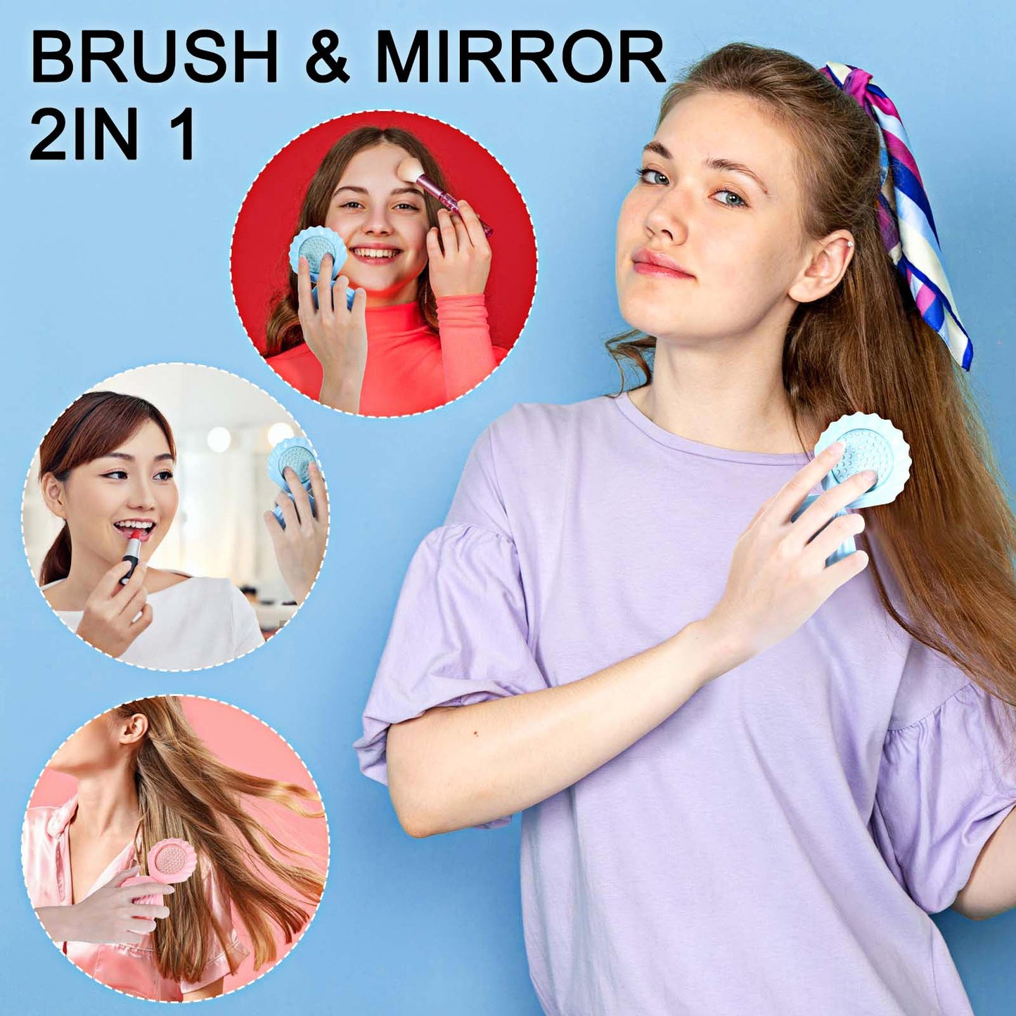 Nogeqi 2 Pcs Shell Shape Foldable Mini Brush for Hair,Travel Size Hair Brush with Mirror,Conch Folding Hair Brush,Portable Compact Hair Brush for Women and Purse Must Haves (Blue Pink)