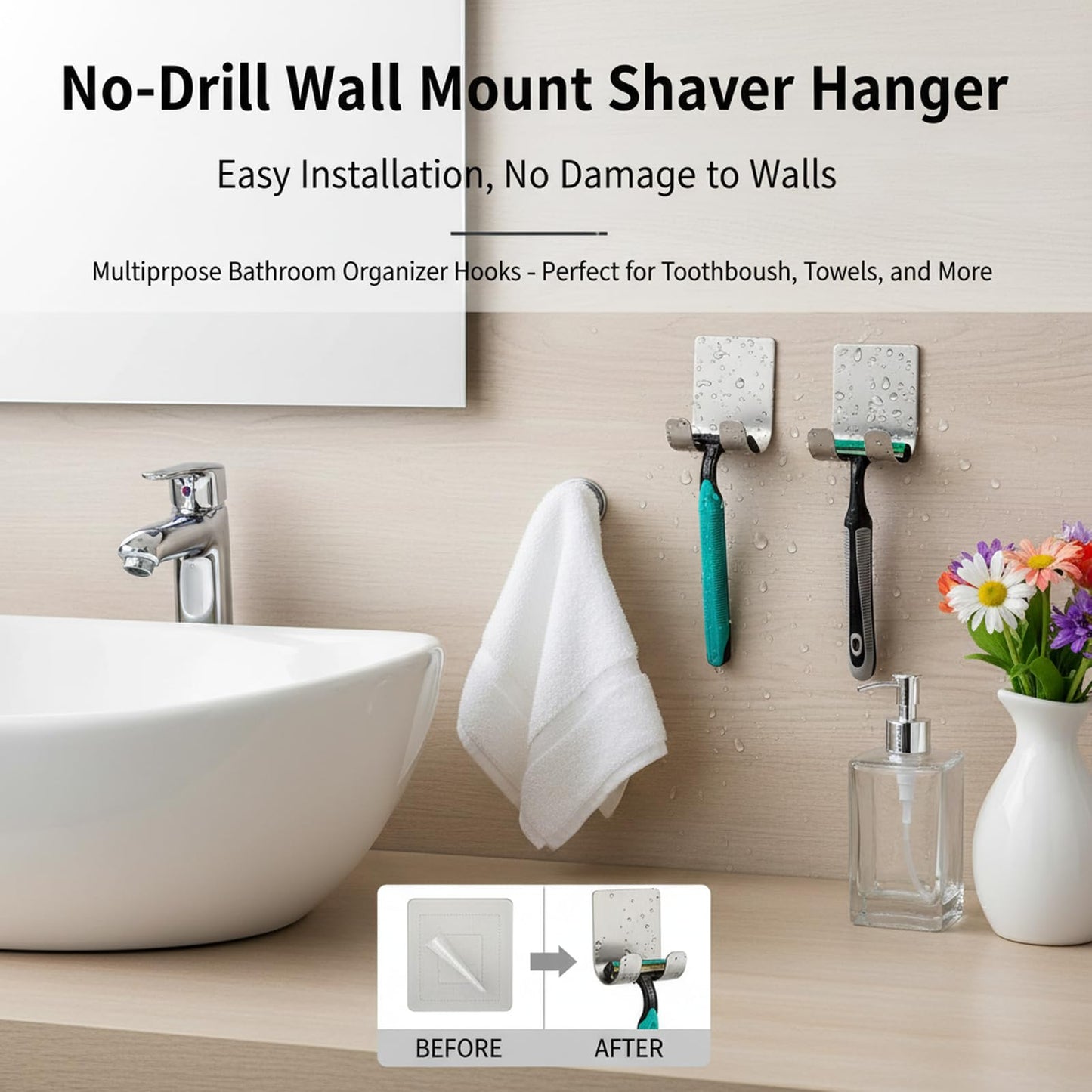 4 Pcs Adhesive Razor Holder for Shower, Waterproof Stainless Steel Razor Hook, No-Drill Wall Mount Shaver Hanger, Multipurpose Bathroom Organizer Hooks (Silvery)