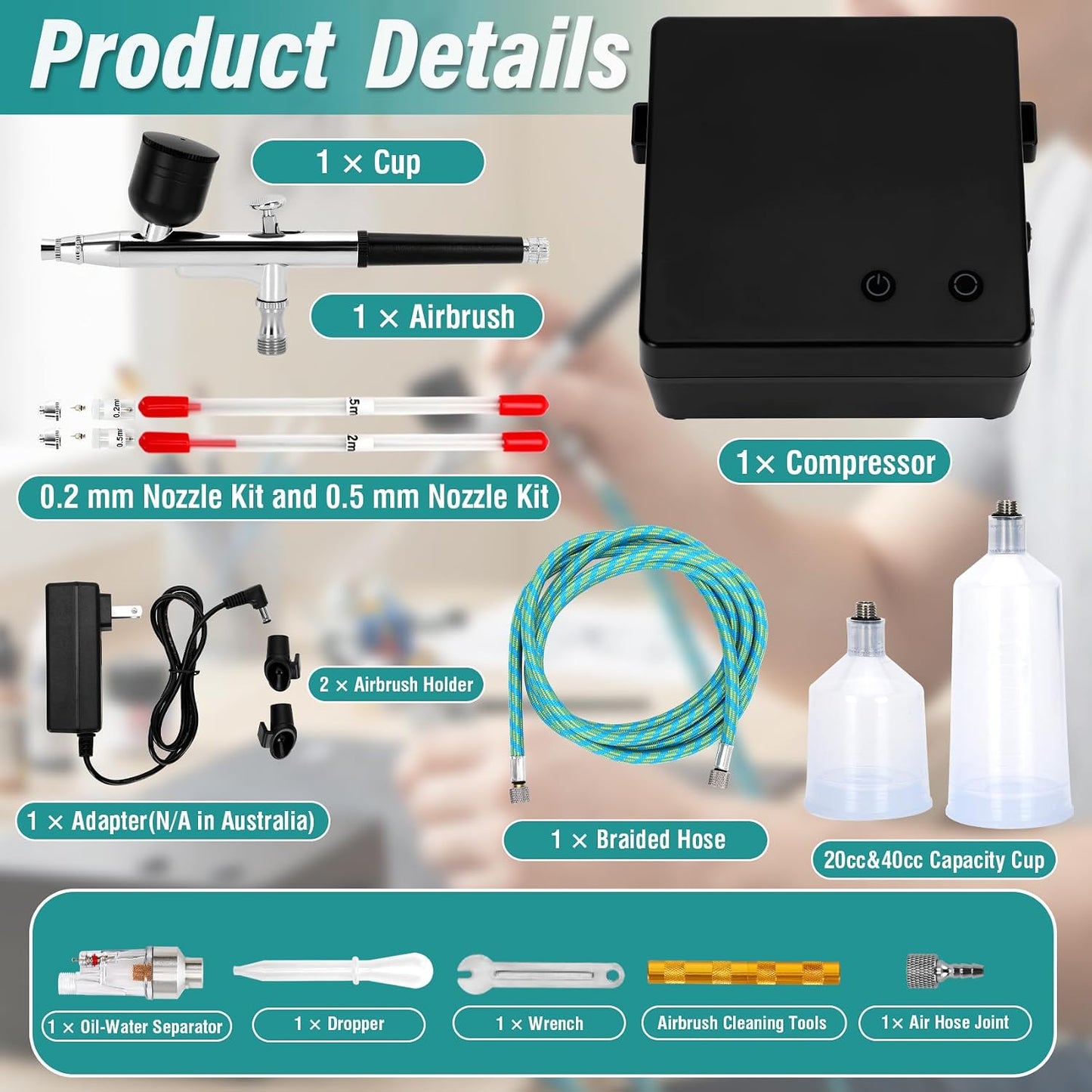 Airbrush Kit - Professional Air Compressor Set for Cake Decorating, Makeup & Model Painting | 3 Nozzles (0.2/0.3/0.5mm) & Cleaning Kit