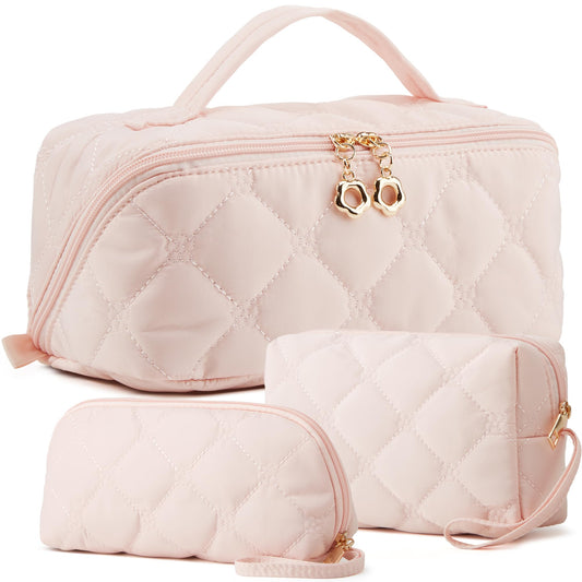 YTL Travel Makeup Bag, Puffer Cosmetic Bag for Women, Waterproof Puffy Padded Make Up Bags, Flat Open Portable Organizer Case Toiletry Bag Pouch Purse for Skincare, Brushes & Travel Essentials
