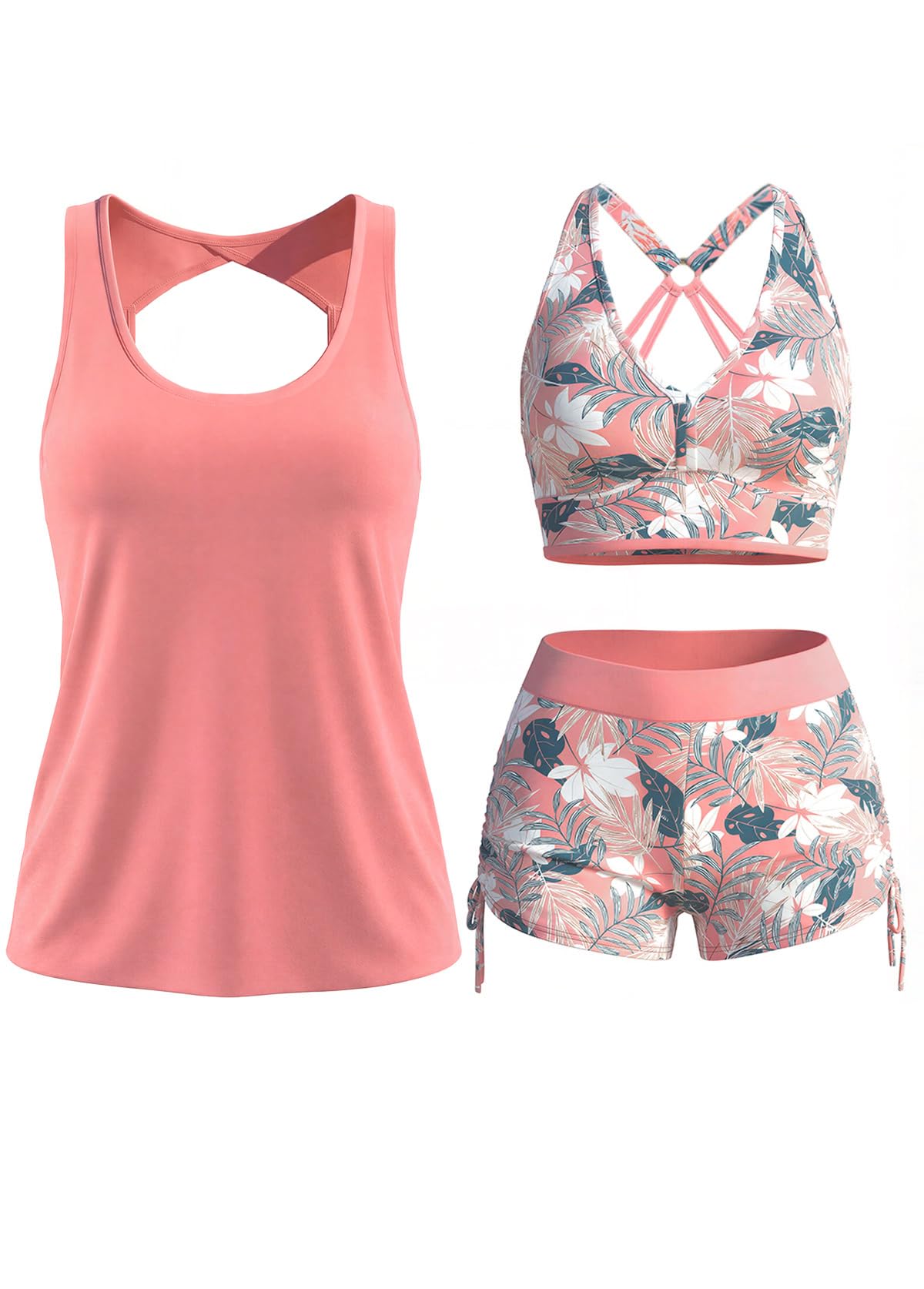 MODLILY Classic 3 Piece Tankini Swimsuits for Women, Solid Tank Top & Plants Print Sports Bra with Drawstring Board Shorts Peach Pink
