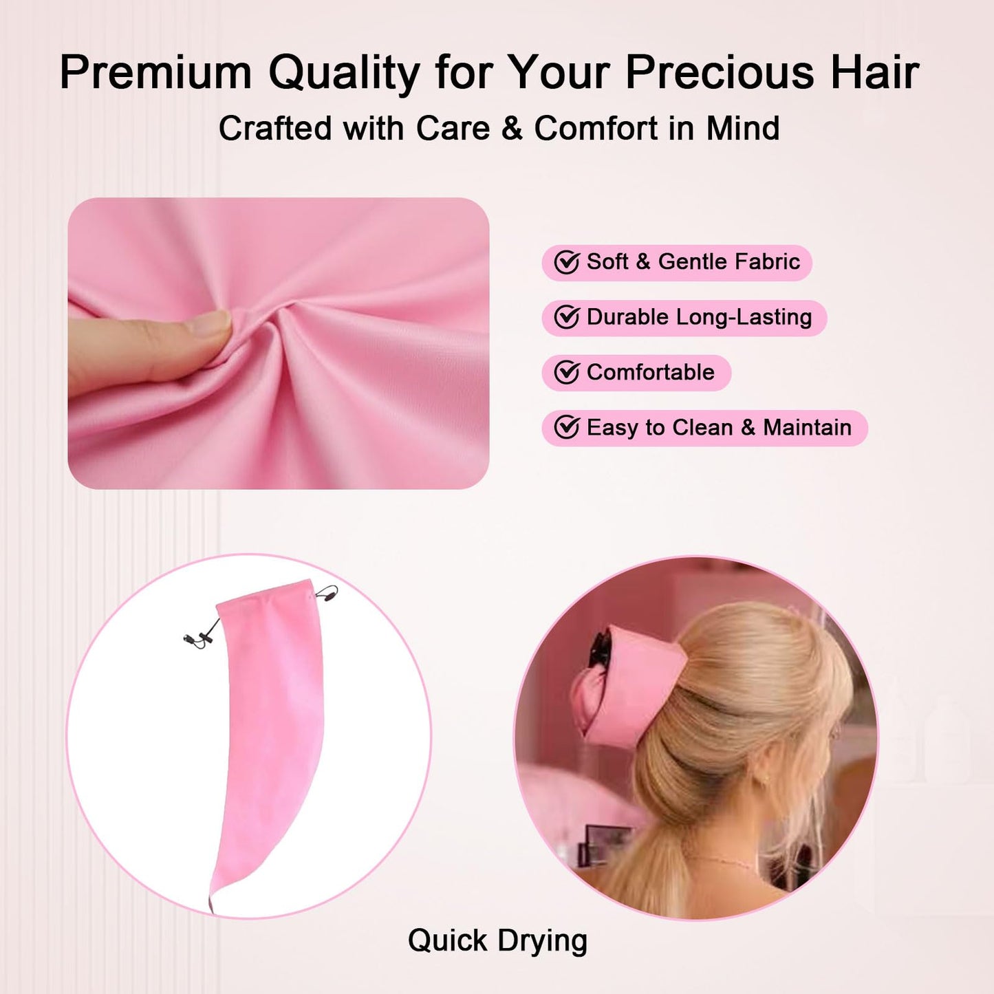 Waterproof Hair Sleeve for Long Hair, Crown Washing Shower Cap Ponytail, Reusable Adjustable, Quick Root Refresh for Shower Gym Travel Pool Beach, Time Saver (Pink, 2PC)