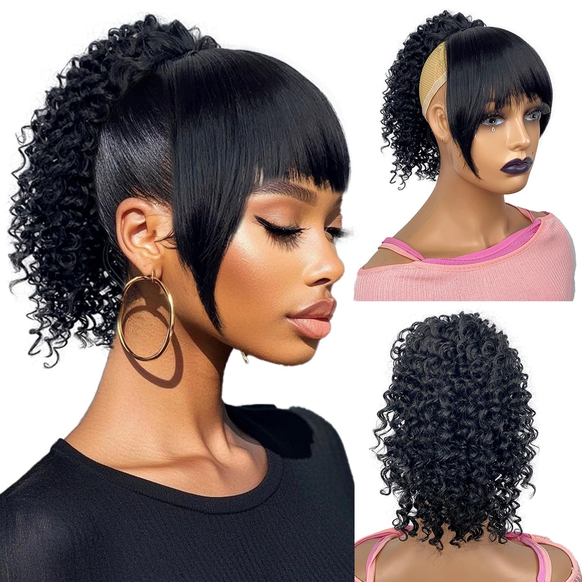 Curly Ponytail with Bangs - 12-Inch Short Kinky Curl Hair Piece | Afro Puff Clip-In for Black Women
