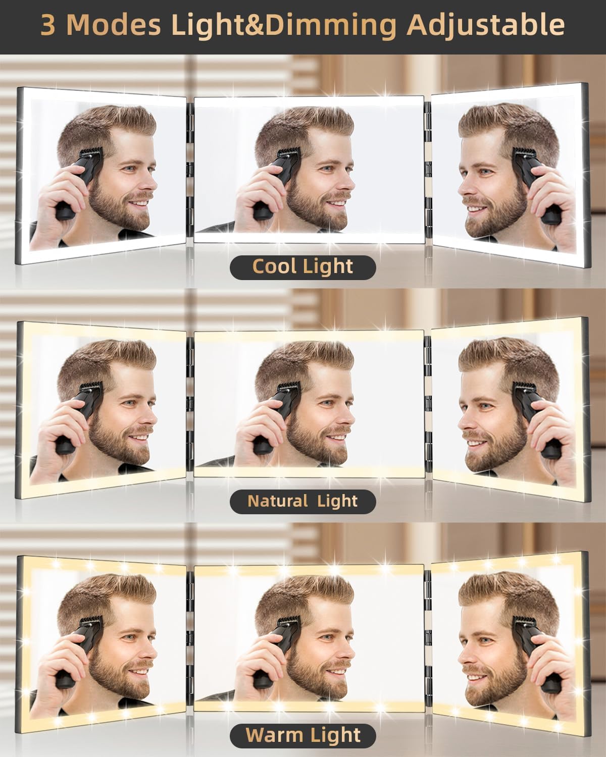 XIGETRAIL Rechargeable 3-Way Mirror - 8 LED Light Strips & Telescoping Hooks for Hair Cutting, Makeup, & Styling
