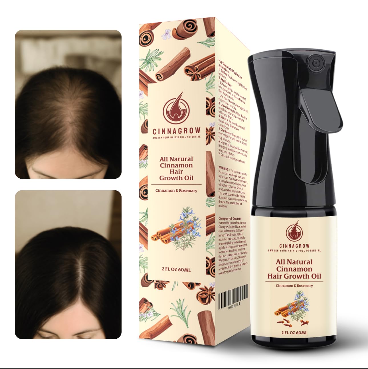 Hair Growth Oil - Rosemary & Cinnamon for Thicker Hair | Nourishing, Lightweight Formula - 60 ml (2 fl oz) with Pump Dispenser