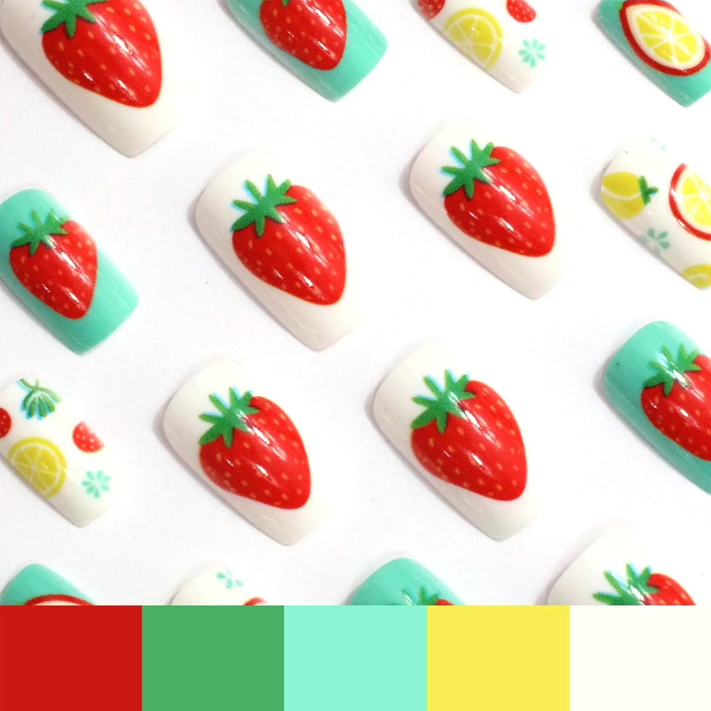 Press On Nails - Medium Square Strawberry Lemon Design | Glossy Acrylic Full Cover, 24 Pcs Reusable