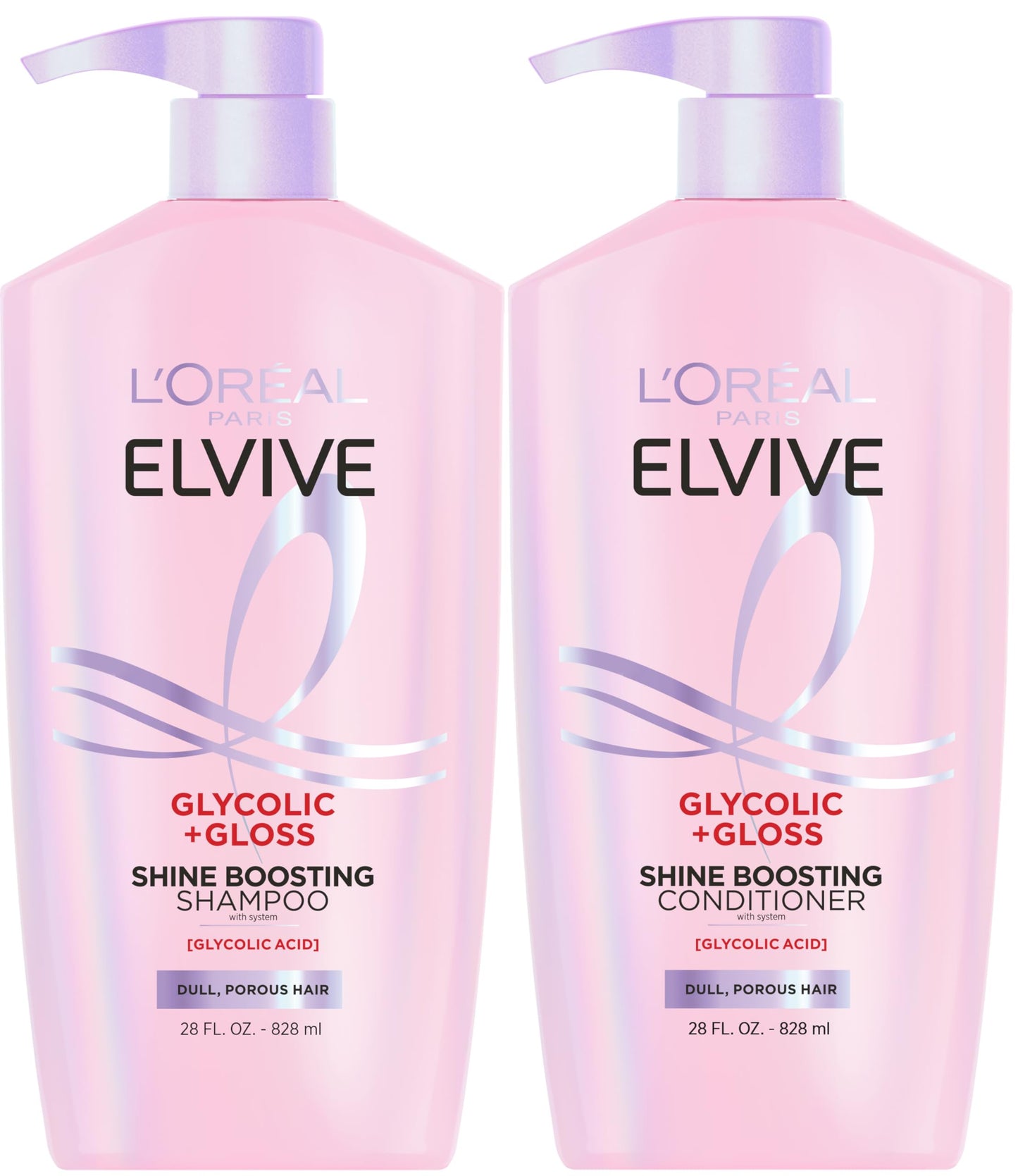 L'Oreal Paris Elvive Glycolic + Gloss Shine Boosting Shampoo and Conditioner Set, Cleanses and Smooths Dull, Porous Hair Into High-Shine, Glossy Hair, 56 Fl Oz Set
