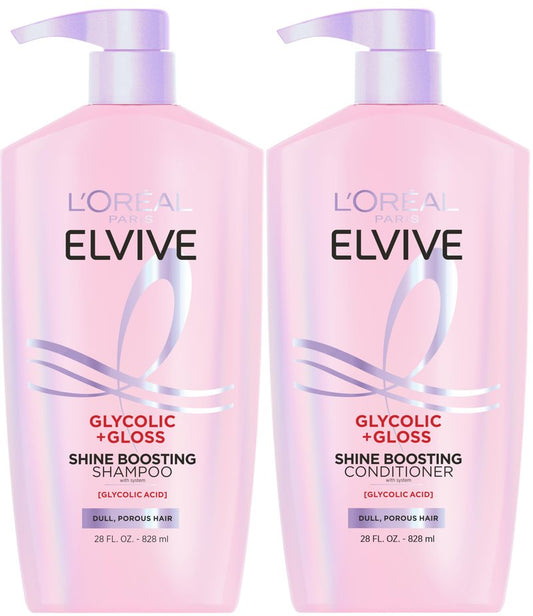 L'Oreal Paris Elvive Glycolic + Gloss Shine Boosting Shampoo and Conditioner Set, Cleanses and Smooths Dull, Porous Hair Into High-Shine, Glossy Hair, 56 Fl Oz Set