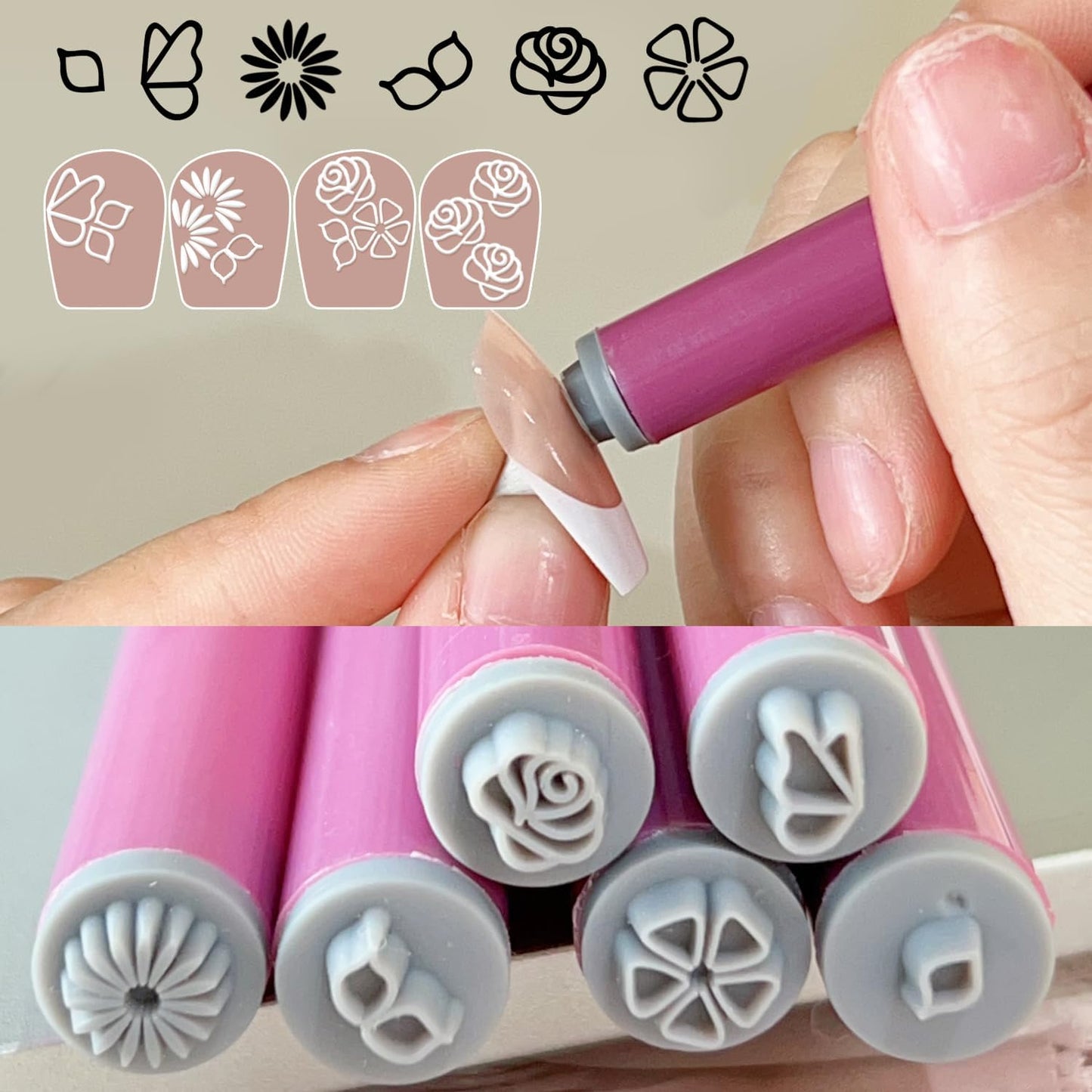 Silicone Nail Seal Pen Set - 6 Pcs Creative Butterfly & Flower Patterns for DIY Nail Art