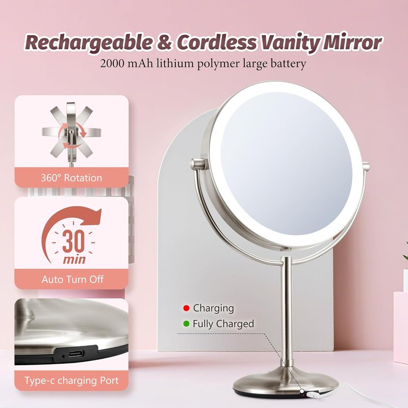Lighted Makeup Mirror - 9" Rechargeable 1X/20X Magnifying Mirror with Dimmable 3-Color Lights | Perfect for Bedroom Tabletop