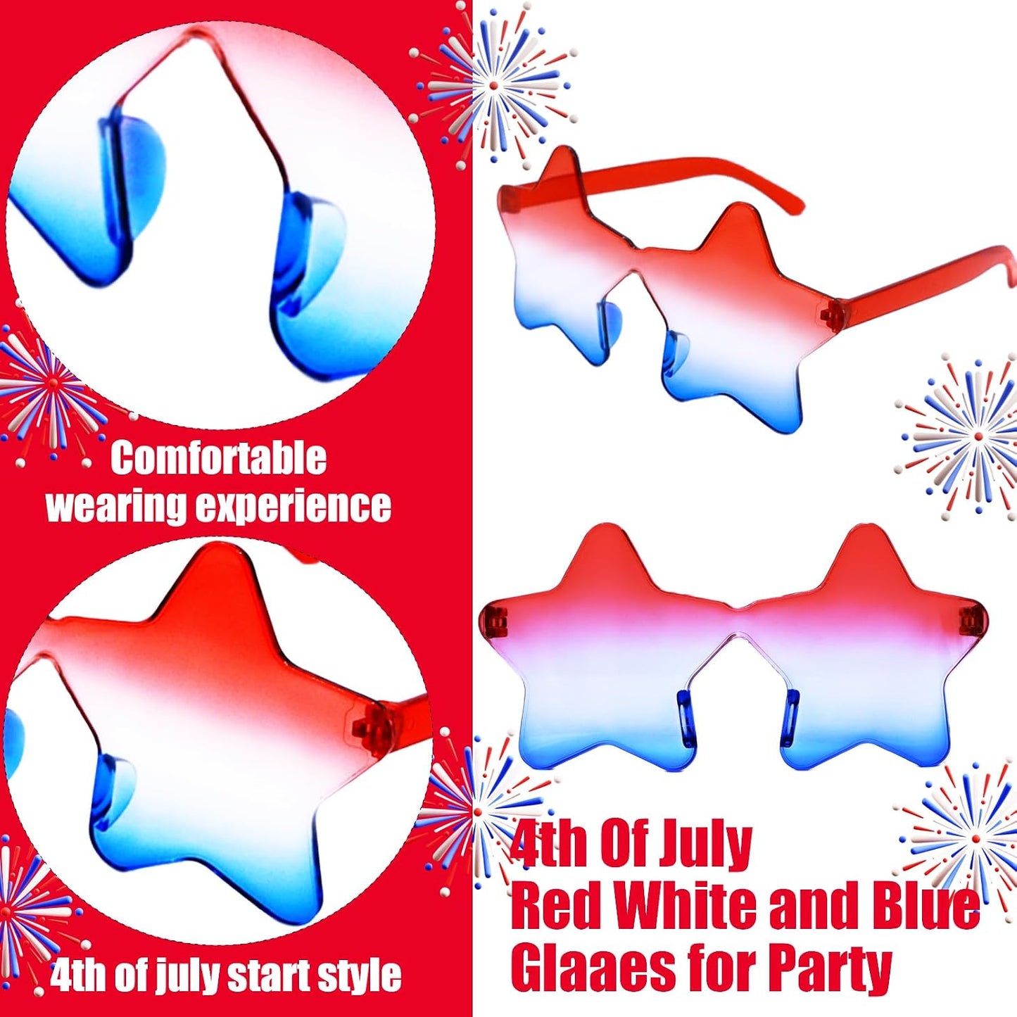 4th of July Star Glasses - USA Red, White & Blue Party Accessory | One Size Fits All | Lightweight Plastic Frames for Parades & BBQs