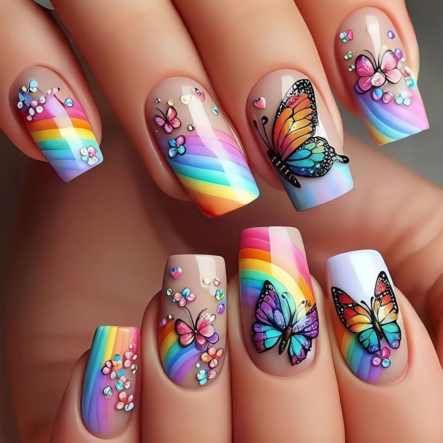 Butterfly Press-On Nails - Medium Length Rainbow Stripe Design | Colorful Square Acrylic Coffin Nails, 24 Pcs