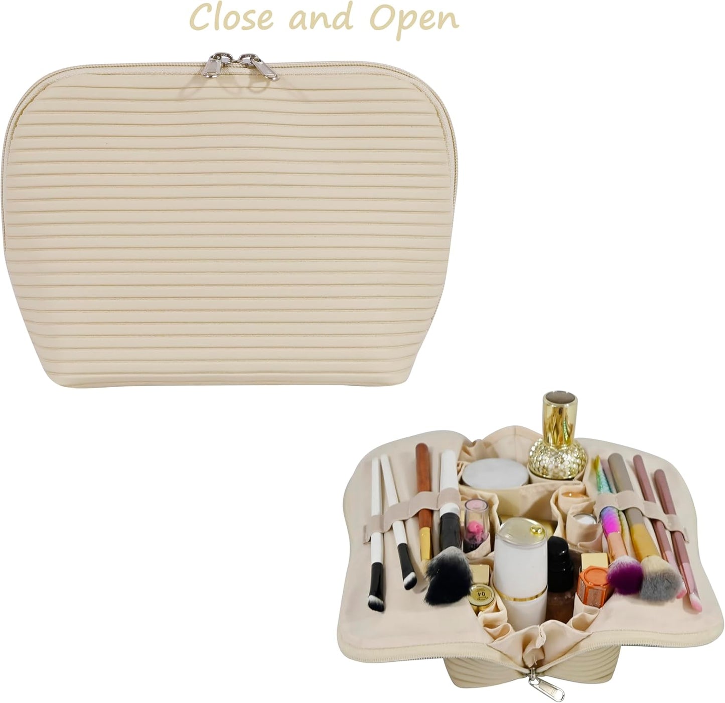 Travel Makeup Bag - Waterproof Cosmetic Organizer with Brush Holders | Fold-Down Design for Skincare & Toiletries (Beige, Medium)