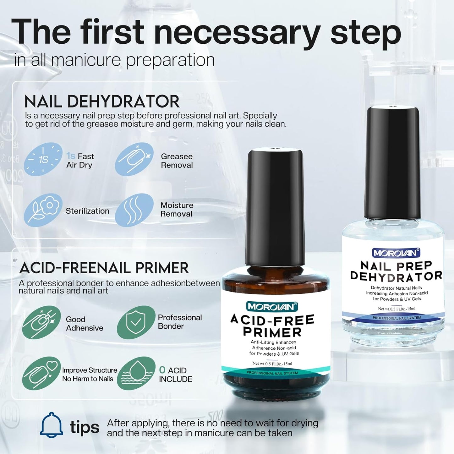 Morovan Natural Nail Prep Dehydrate Primer - Acid-Free Dehydrator for Acrylic & Gel Nails | Gift Box Set