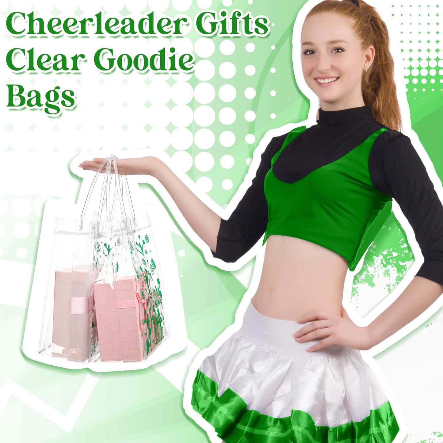 Sweetude 24 Pcs Cheer Clear Treat Bags with Handles for Cheer Team Cheerleader Gift Bag Bulk Cheerleader Party Supplies(Green)