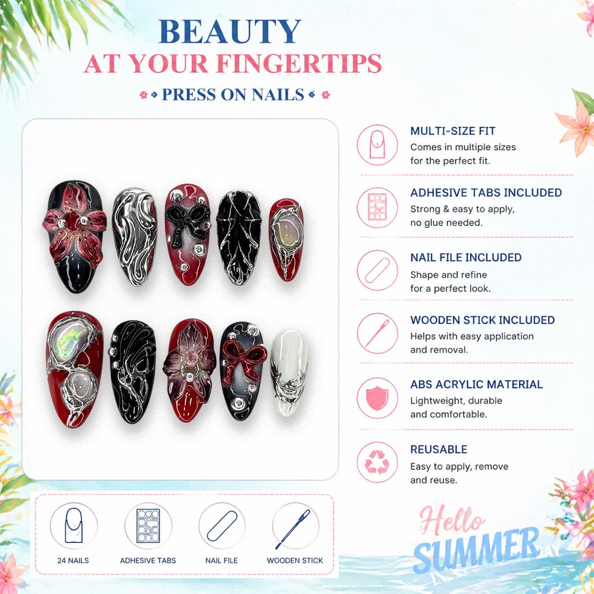 Medium Almond Press-On Nails - Y2K Gothic 3D Flower Design | Black & Red Punk Acrylic Set, 24 Pcs