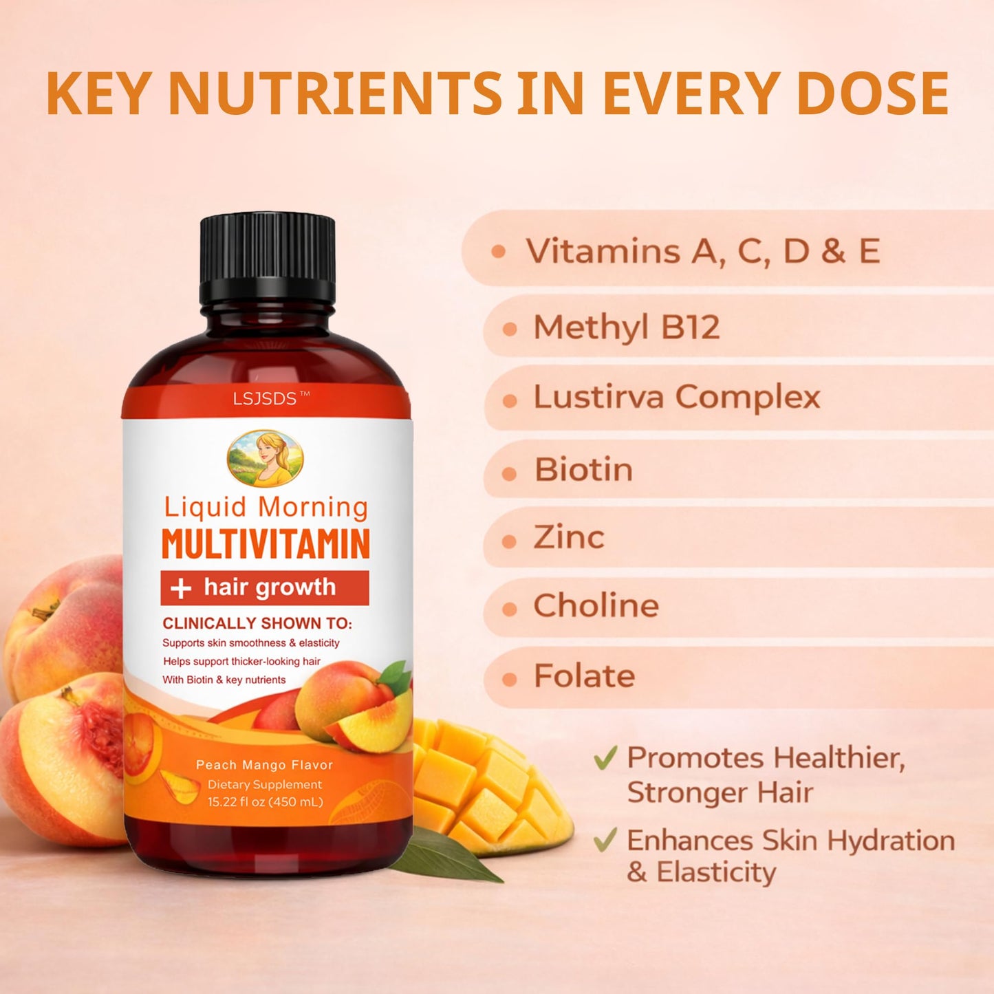 LSJSDS Liquid Multivitamin,Hair Growth,15.22 fl oz / 450ml,Support Healthy Skin,Promote Thicker,Fuller Hair,Reduce Wrinkles & Fine Lines (Peach Mango)