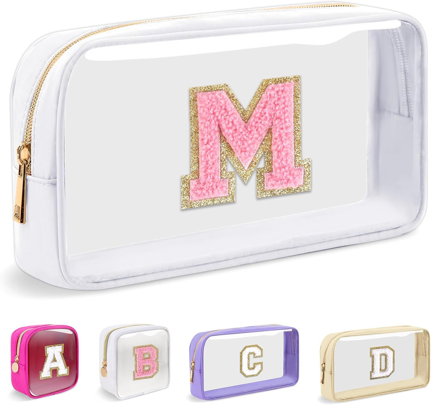 Personalized Initial Makeup Bag - Waterproof Nylon Cosmetic Pouch | A-Z Chenille Letter Patch, White-Pink G