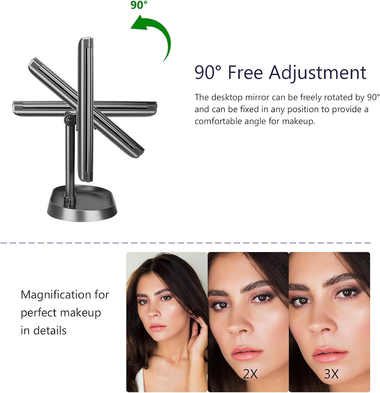 Trifold Lighted Vanity Makeup Mirror - 21 LED Lights, Touch Screen Dimming | 1x/2x/3x Magnification, Dual Power Supply