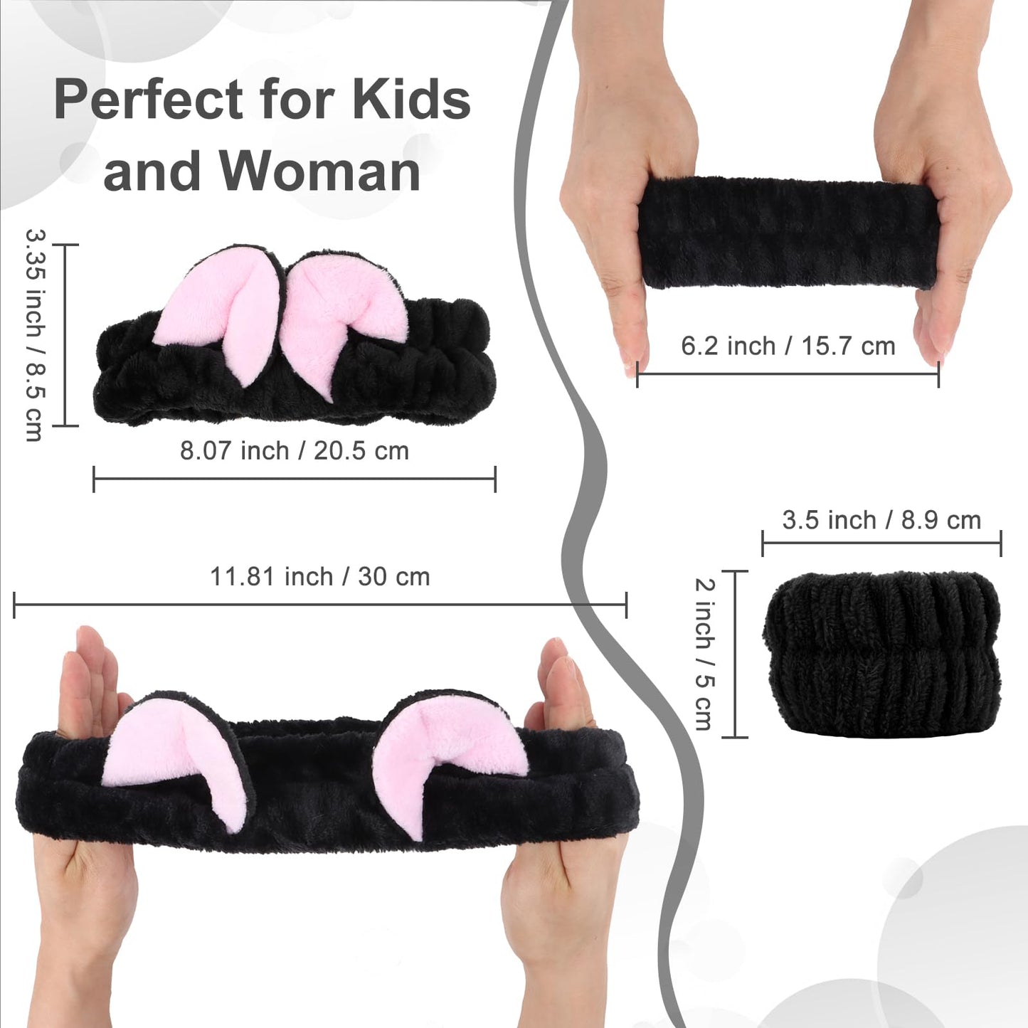 CAVETEE 3 Piece Headband and Wristband Set for Women, Dark Brown Cat Ear Elastic Spa Hairband, Face Wash Elastic Wristbands for Shower, Facial, Makeup, Skincare, Hair Care Accessories