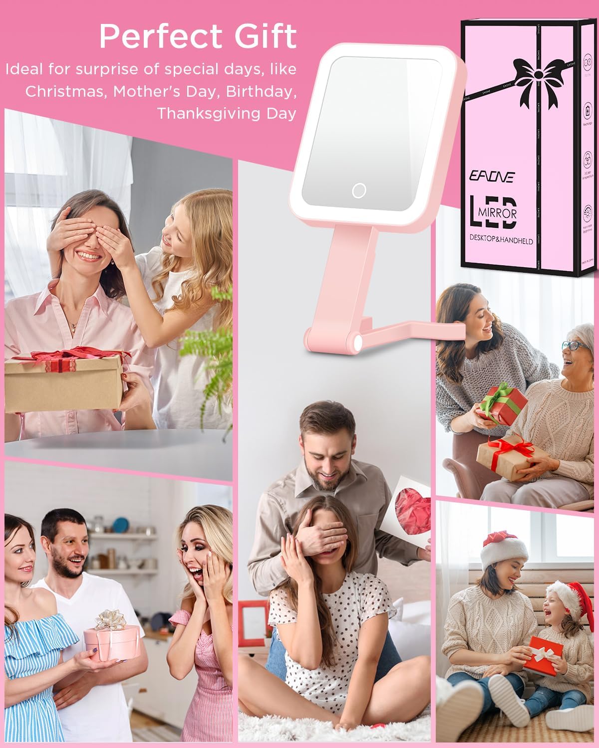 Magnifying Makeup Mirror with LED Light - Double-Sided 10X/1X | Dimmable Touch Screen & Storage Bag - Pink (10.3 x 5.2 IN)