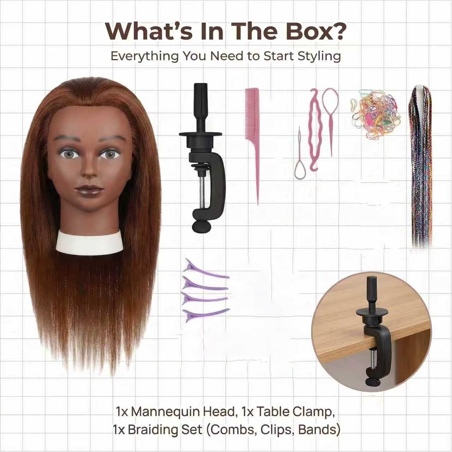 100% Human Hair Mannequin Head - 16 Inch Braiding Practice Doll with Clamp Stand | Brown