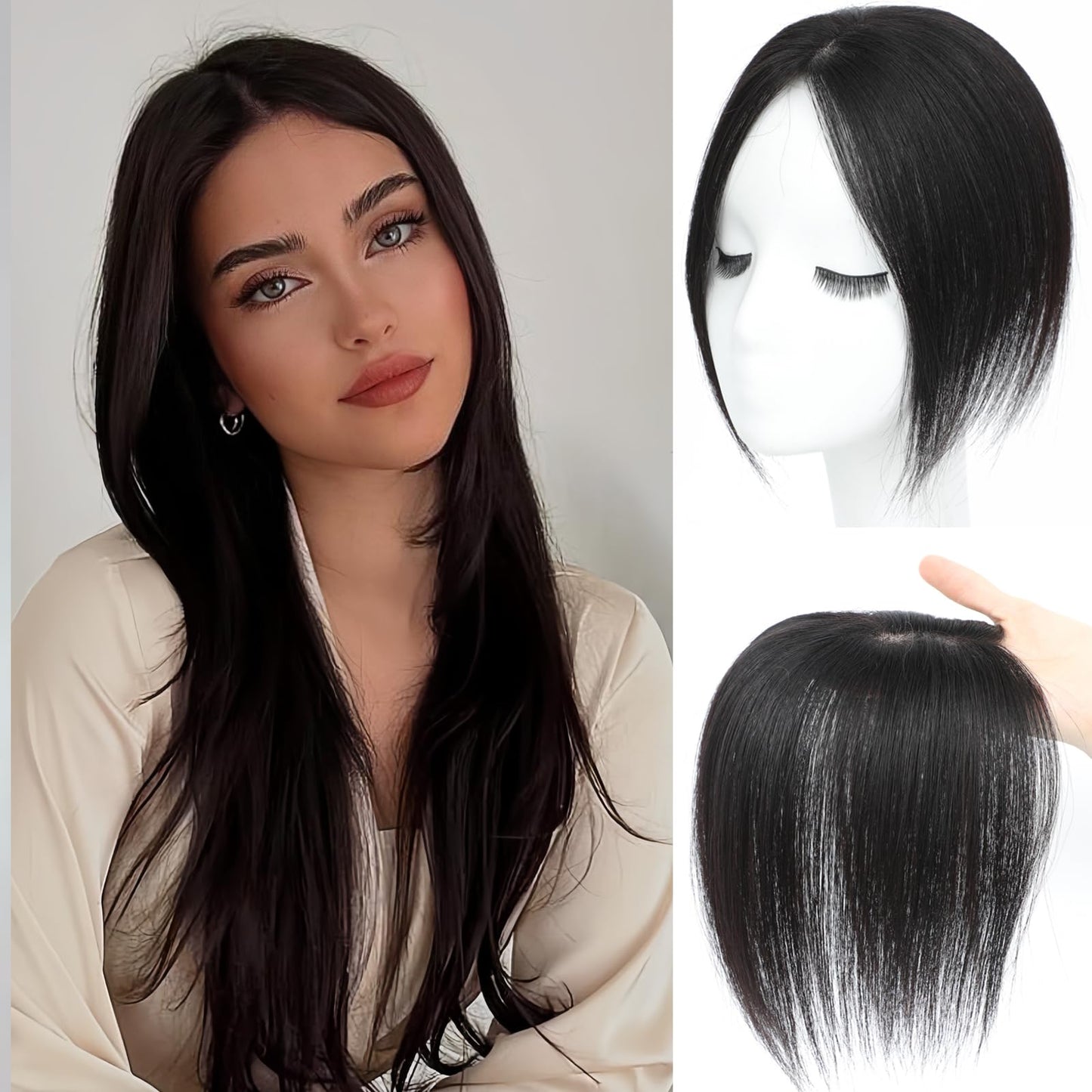 OOPPOO Hair Toppers for Women Real Human Hair, 12 Inch Toppers Hairpieces for Women with Side Bangs Upgraded Lace Base for Thinning hair to Add Volume