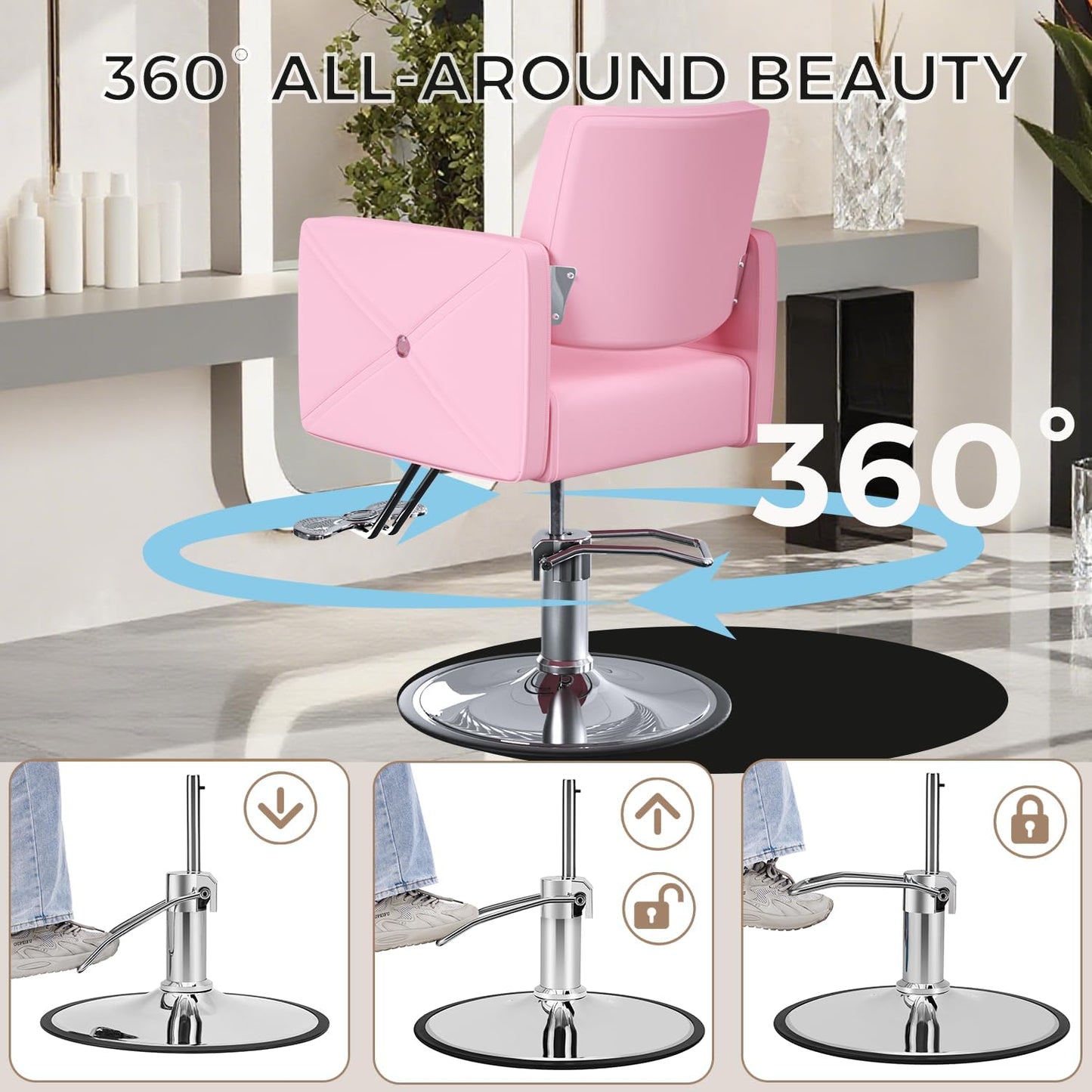 Salon Chair for Hair Stylist - Heavy-Duty Hydraulic Pump, 360° Swivel, Adjustable Height | Elegant Pink