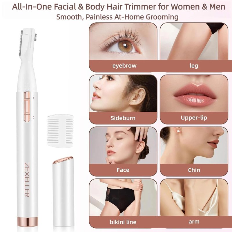 ZEXELLER Upgraded Eyebrow Trimmer, Precision Electric Razor for Women Men, Battery Operated Painless Facial Hair Remover with Adjustable Comb & Washable Blade (Face, Upper Lip, Chin, Neck)