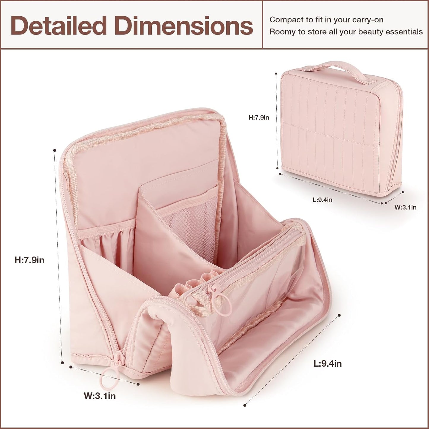 Standing Makeup Bag - Large Capacity Travel Toiletry Organizer with Multiple Compartments | Pink
