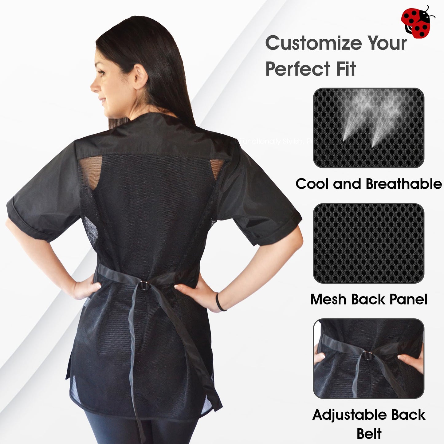 Ladybird Line 950 Classic Black Waterproof Jacket, 2 Front Pockets, Mesh Back, Hair Bleach Resistant, Adjustable Tie Belt