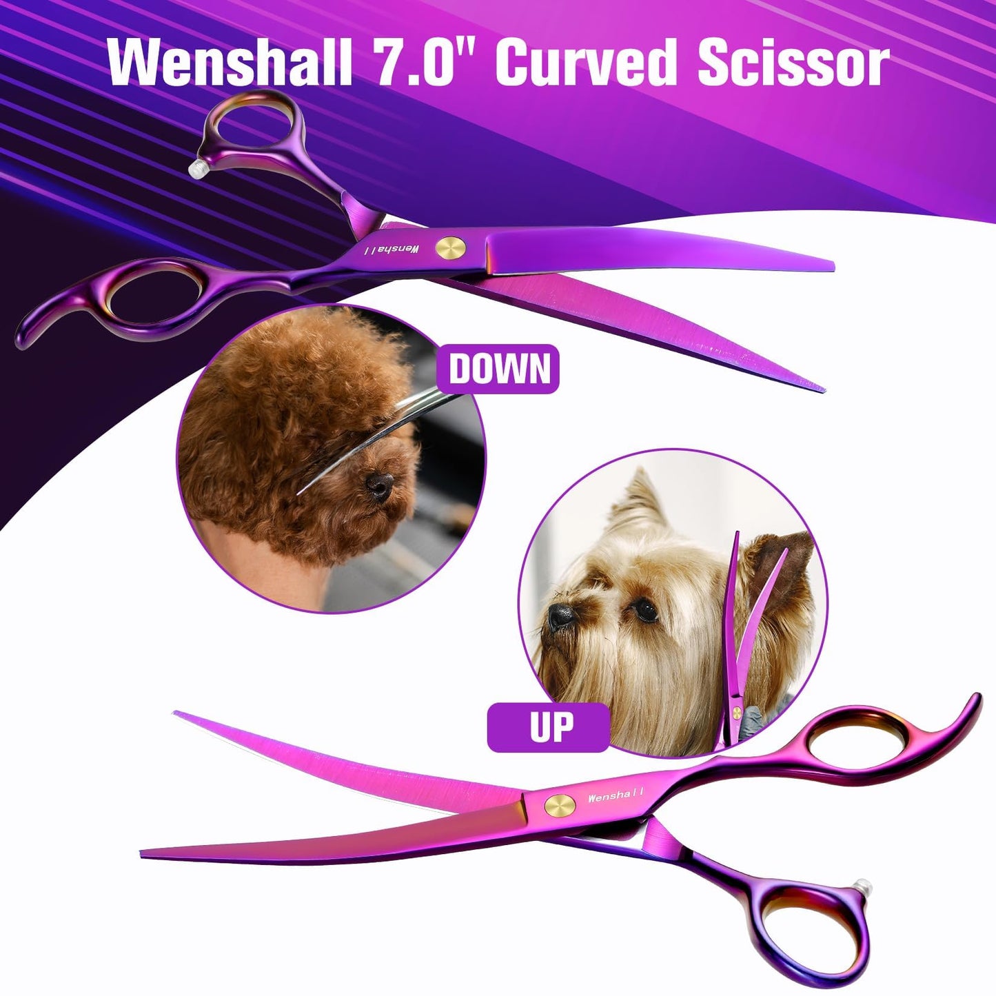 Wenshall Professional Dog Grooming Scissors Set, 7.0 Inch Titanium Straight & Thinning & Curved scissors and Comb for Dog grooming (Purple)
