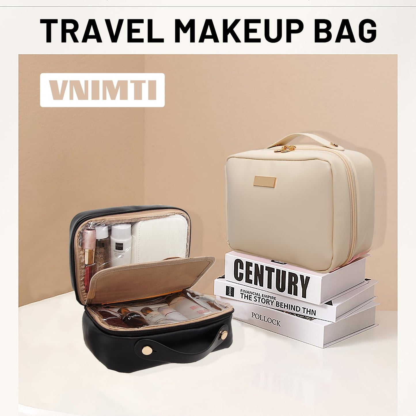 VNIMTI Travel Makeup Bag, Travel Toiletry Bag for Women with Brush Holder, Double Layer Large Cosmetic Bag, Portable Makeup Pouch, PU Leather, White