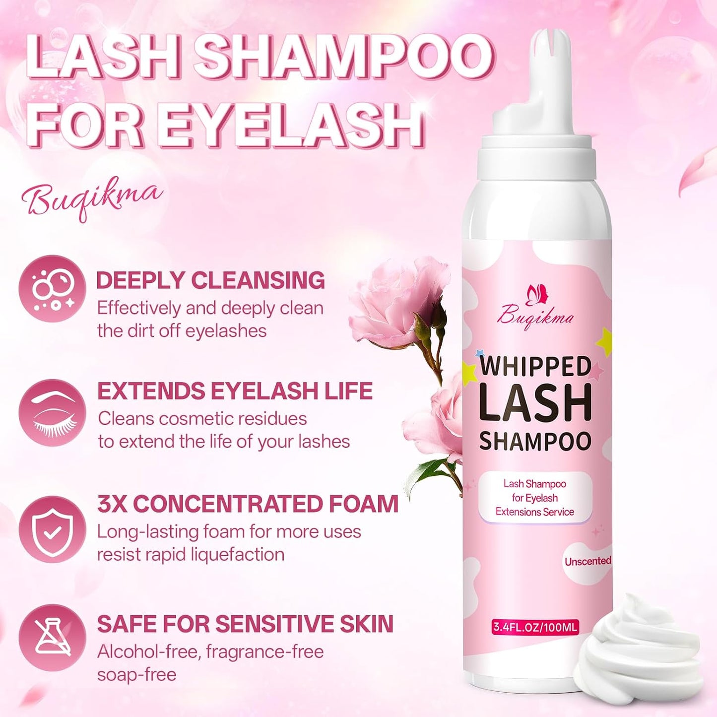 Whipped Lash Cream Shampoo Kit - Eyelash Cleansing Foam with Brush | 3.4fl.oz/100ml for Extensions & DIY Use (Unscented)