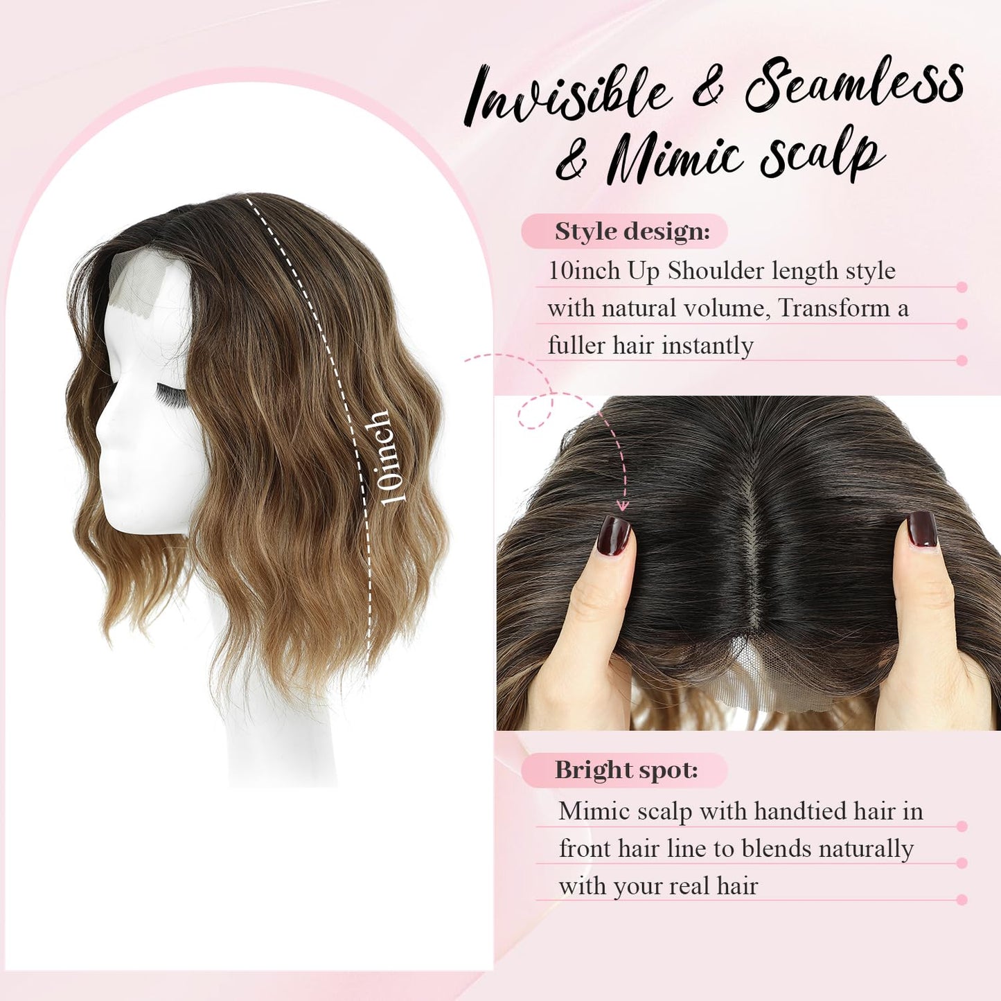 10 Inch Short Wavy Hair Topper for Women | Synthetic Lightweight Hairpiece - 6.5"x6.5" Base, Natural Volume Booster