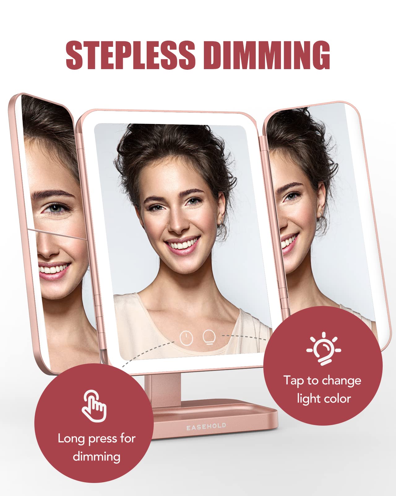 EASEHOLD Rechargable Makeup Mirror Vanity Mirror with Lights, 5000Mah & USB Cable, 112 LEDs Lighted Trifold Mirror with 1X 2X 3X 10X Magnification, Smart Touch, Portable Cosmetic Beauty Mirror