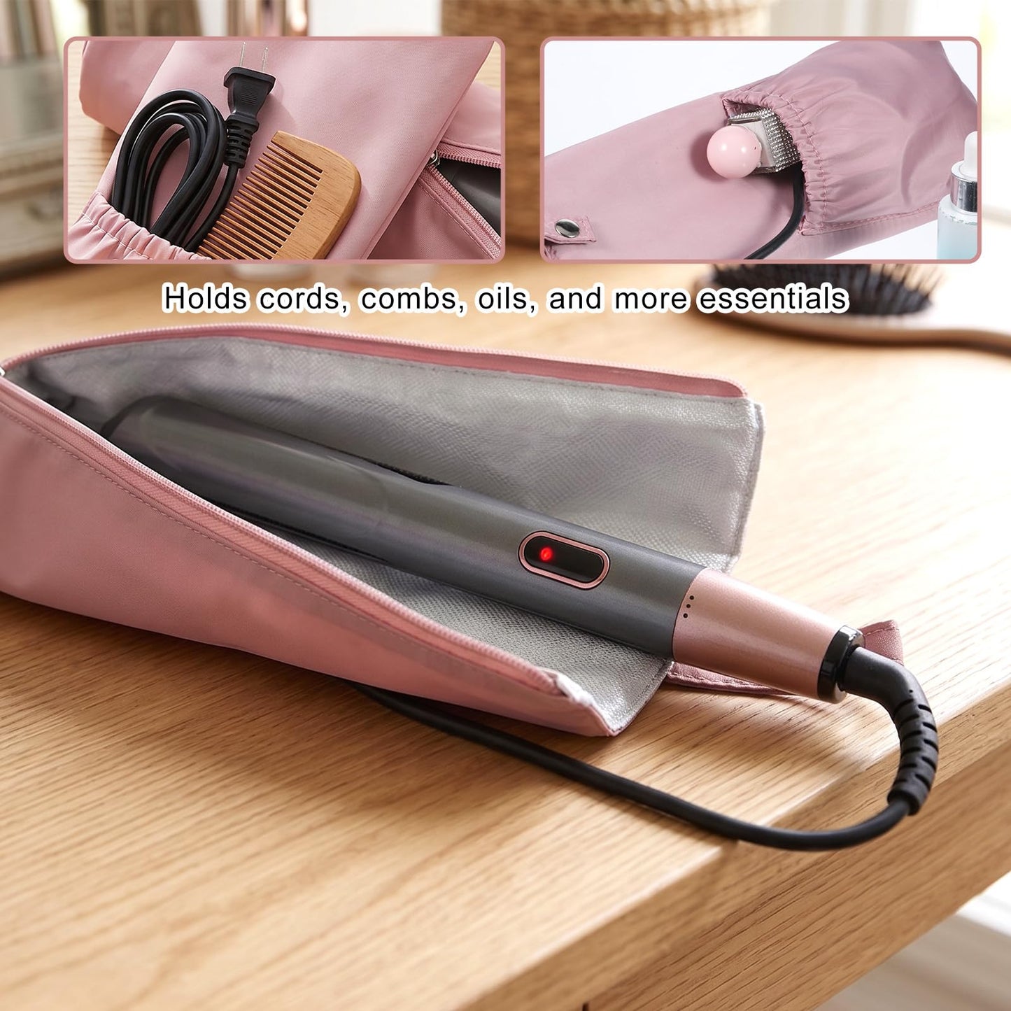 QFGasre Hair Tool Organizer Heat Resistant Hot Tools Holder & Mat Hair Tool Travel Bag Case Portable Hot Tools Organizer Cover Pouch for Curling Iron, Flat Iron, Hairs Straightener, Pink