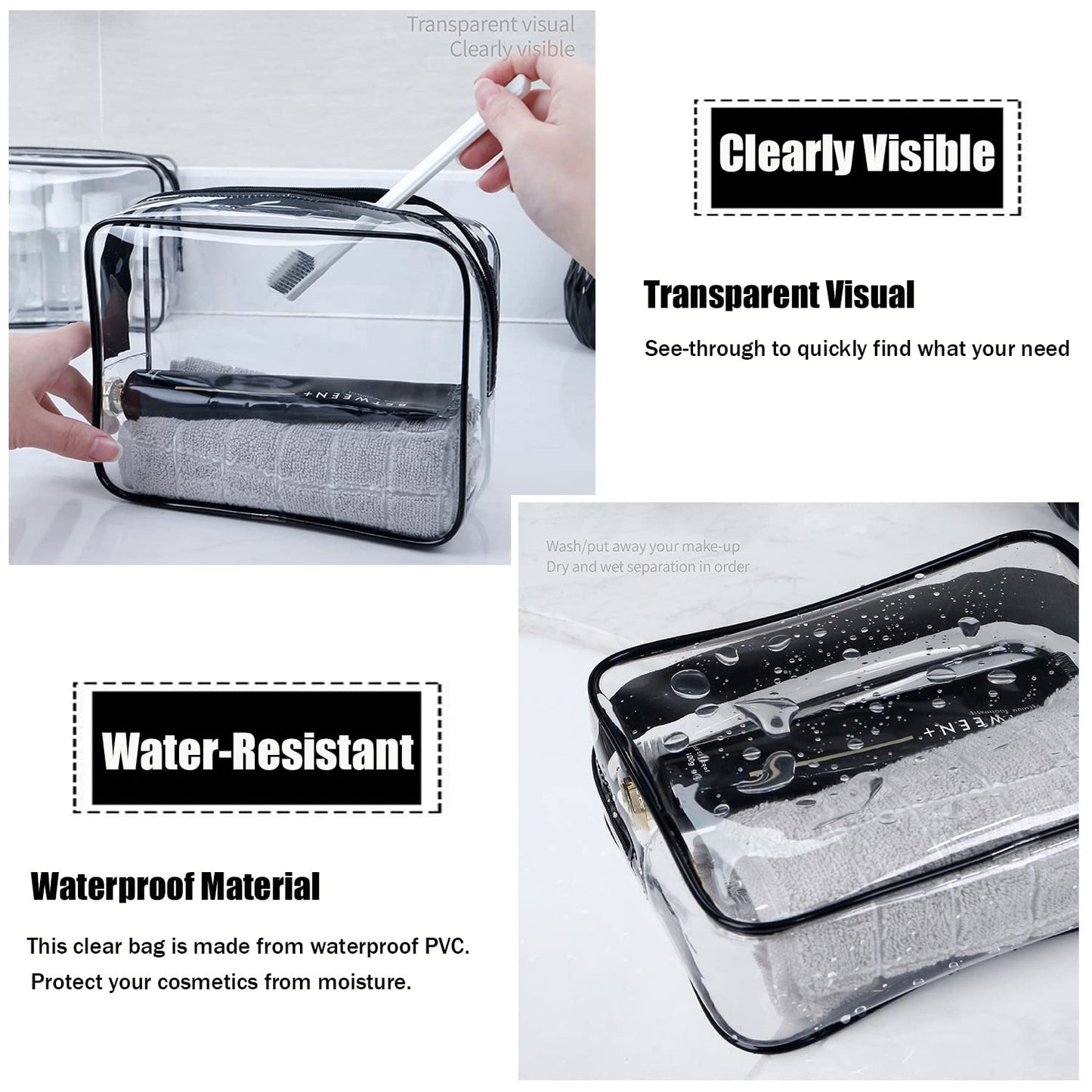 TSA Approved Clear Toiletry Bag Set - 3 Pcs Quart Size Travel Makeup & Cosmetic Organizer | Black