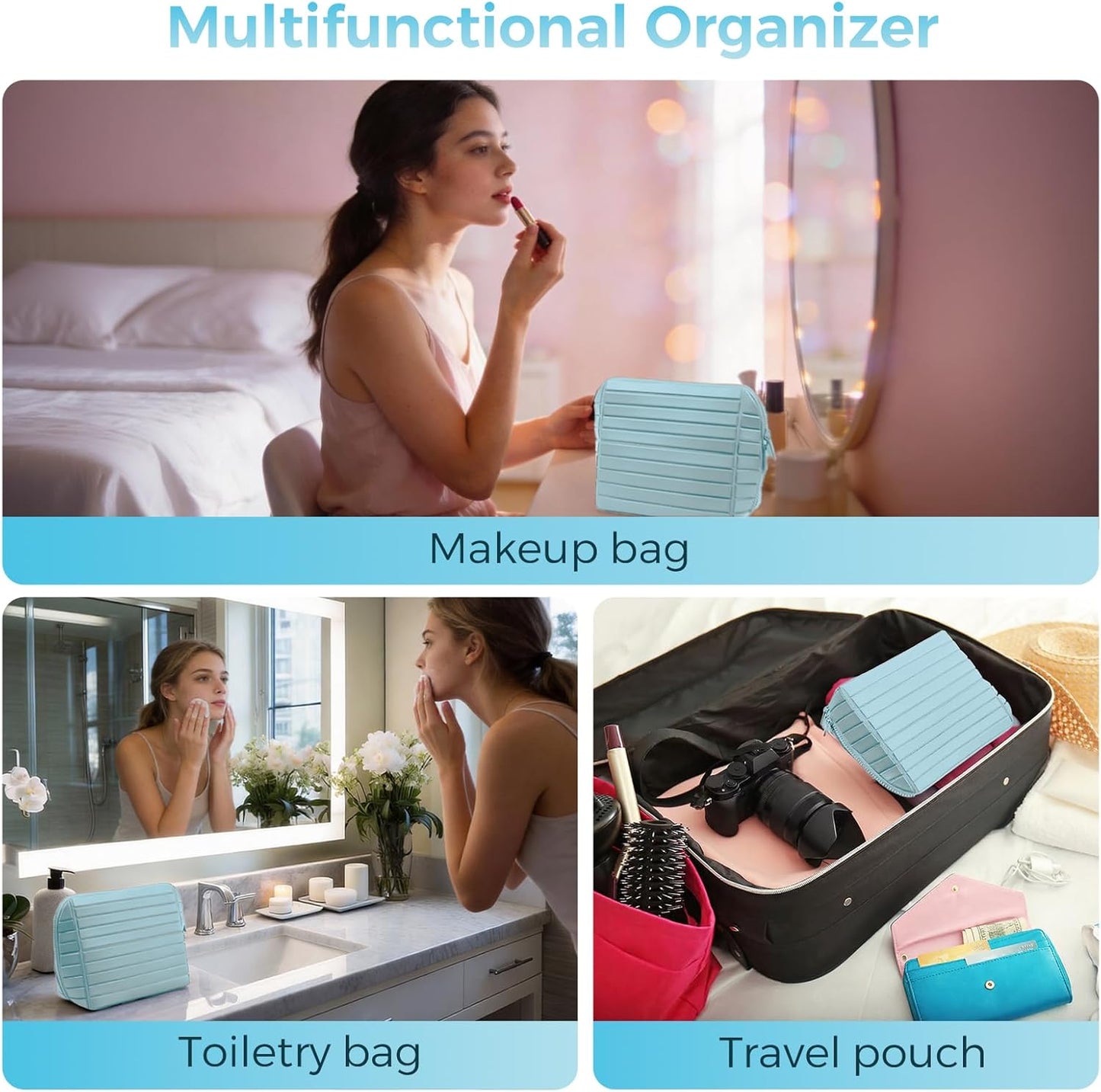 Travel Makeup Organizer Bag - Large Capacity with 27 Pockets & Adjustable Dividers | Light Blue