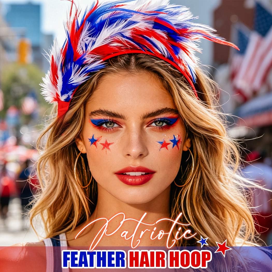 Zoestar Feather Fascinator Headband 4th of July Headpiece Patriotic Independence Day Party Festival Hair Accessories for Women (Blue White Red)