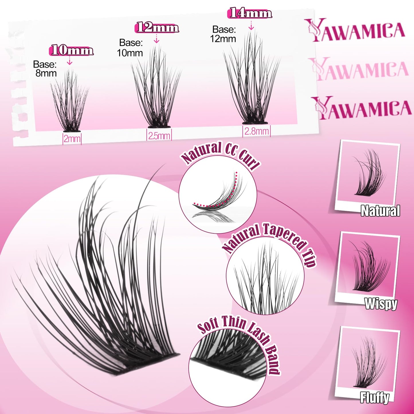 Yawamica Wispy Lash Clusters Natural Eyelash Extension 10-14mm Fluffy Eyelash Clusters CC Curly Individual Lashes Cluster Eyelash Extensions 40D Cluster Lashes 200pcs DIY Lash Extension by Self