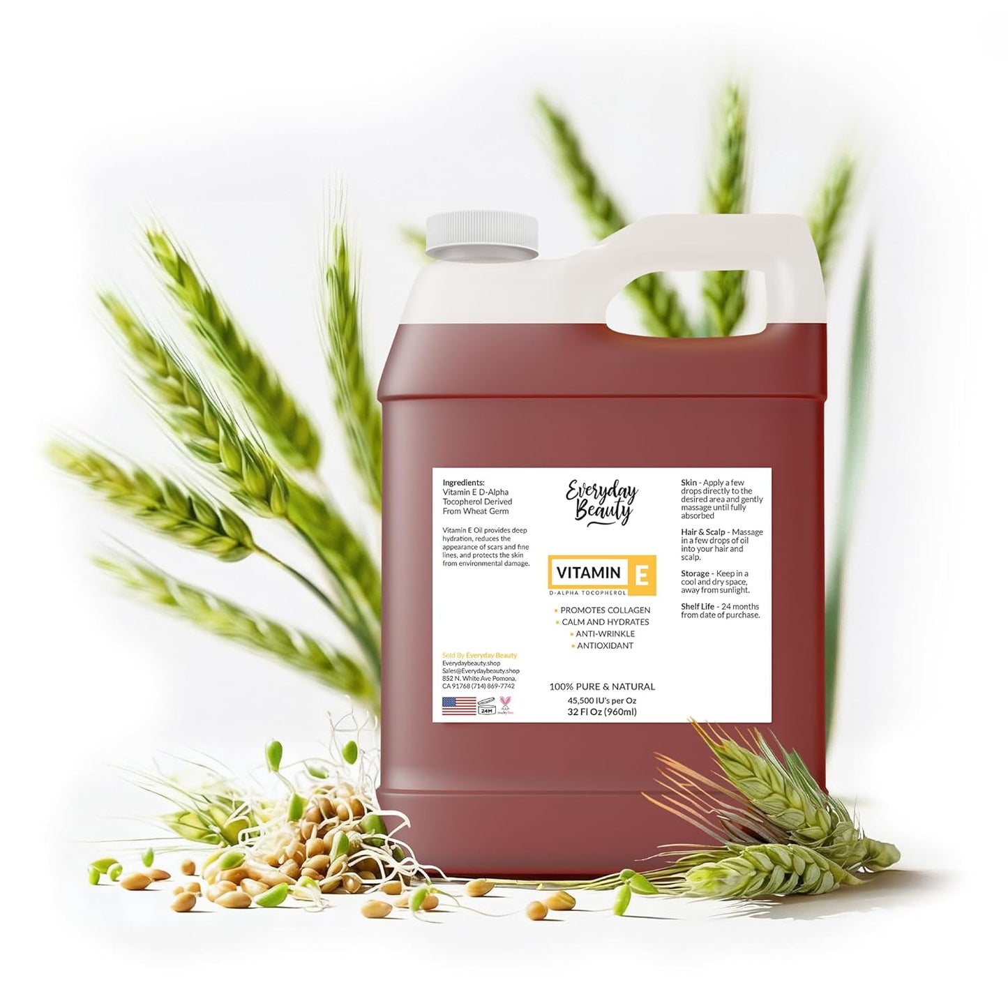 Vitamin E Oil - 32 oz D-Alpha Tocopherol 100% Pure & Natural | Thick Amber Color for Face, Body & Hair Care